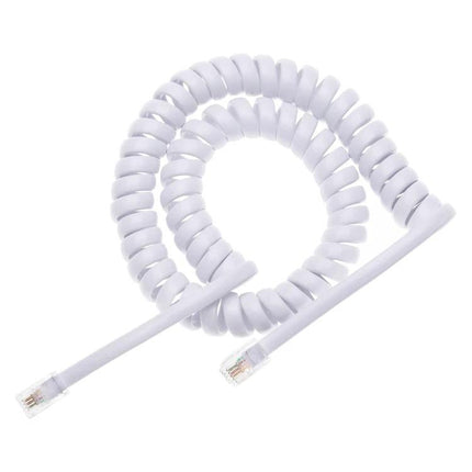 Coiled Telephone Extension Cable with 3m Stretch Length, White – white coiled handset extension cord with RJ11 connectors, stretches to 3m for added mobility