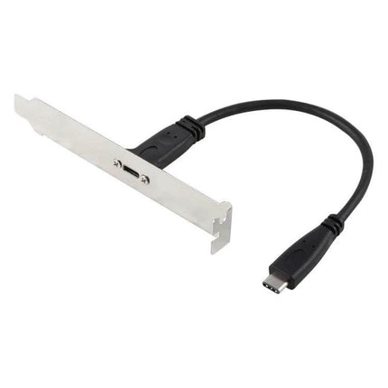 20cm USB-C Female to Male Extension Cable for Charging and Data — compact black cable with female USB-C bracket for rear PC panel mounting