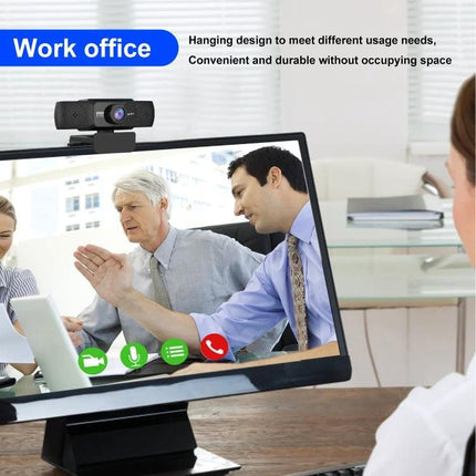 HXSJ 1080P HD Adjustable Webcam with Microphone for Online Meetings mounted on monitor showing clear video and reduced background noise
