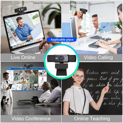 HXSJ 1080P HD Adjustable Webcam with Microphone for Online Meetings showing laptop, desktop, conference and teaching use, clear video and noise reduction