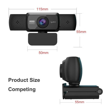 HXSJ 1080P HD Adjustable Webcam with Microphone for Online Meetings showing front and side product dimensions