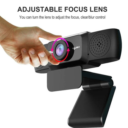 HXSJ 1080P HD Adjustable Webcam with Microphone for Online Meetings showing adjustable focus lens and built-in microphone