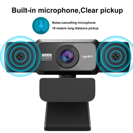 HXSJ 1080P HD Adjustable Webcam with Microphone for Online Meetings showing built-in noise-cancelling mic and 1080P lens for clear video and audio