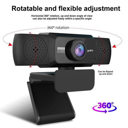 HXSJ 1080P HD Adjustable Webcam with Microphone for Online Meetings showing rotatable 360° mount and adjustable clip for remote work and virtual classes