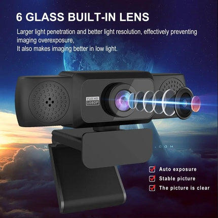 HXSJ 1080P HD Adjustable Webcam with Microphone for Online Meetings showing 6 glass lens, clip mount, and noise-reducing microphone