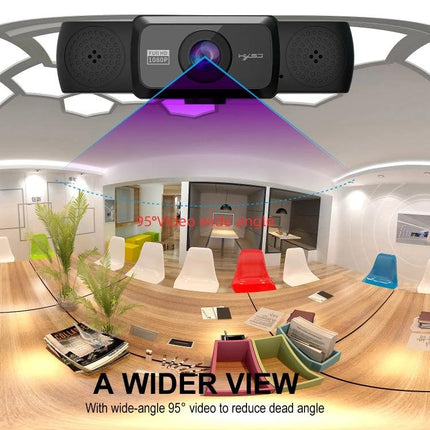 HXSJ 1080P HD Adjustable Webcam with Microphone for Online Meetings showing wide-angle 95° view in a conference room