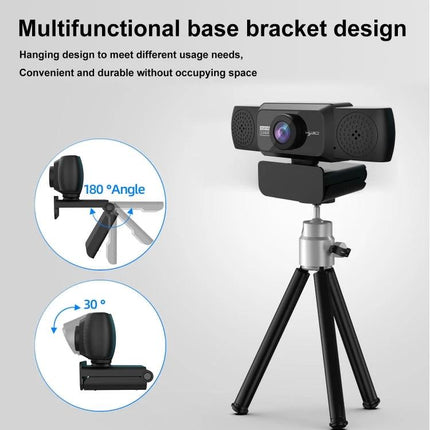 HXSJ 1080P HD Adjustable Webcam with Microphone for Online Meetings on tripod showing 180° and 30° adjustable bracket design