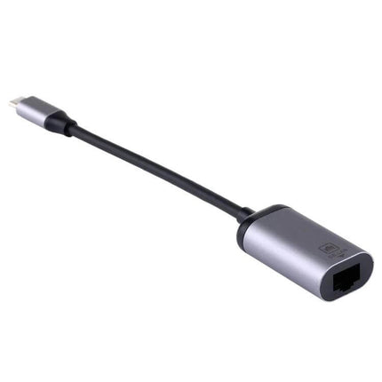USB-C to Gigabit RJ45 Female Adapter for Ethernet Connections in grey with short cable, showing USB-C plug and RJ45 female port
