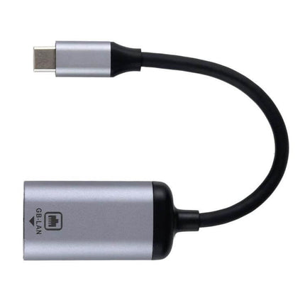 USB-C to Gigabit RJ45 Female Adapter for Ethernet Connections, compact silver adapter with short black cable for wired networking