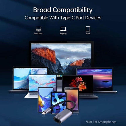 USB-C to Gigabit RJ45 Female Adapter for Ethernet Connections shown with multiple laptops, tablets and iPads demonstrating broad Type-C device compatibility