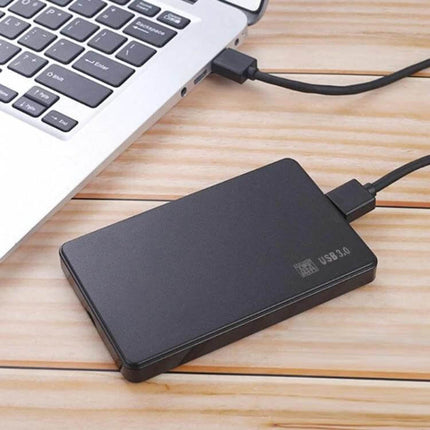 External Hard Drive Case for 2.5 Inch Storage Devices connected via USB 3.0 to laptop for quick portable backups