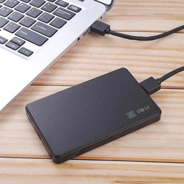 External Hard Drive Case for 2.5 Inch Storage Devices connected via USB 3.0 to laptop for quick portable backups