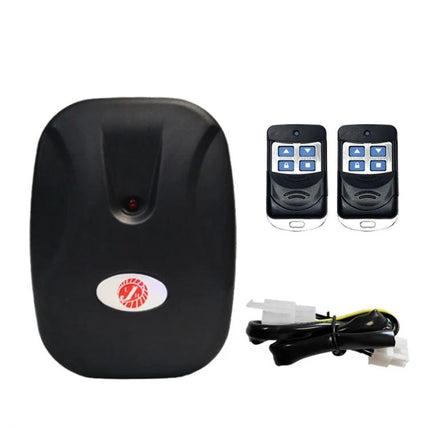 Garage Door Remote Control with Receiver Cable showing black receiver unit, two 433MHz remotes and connection cable