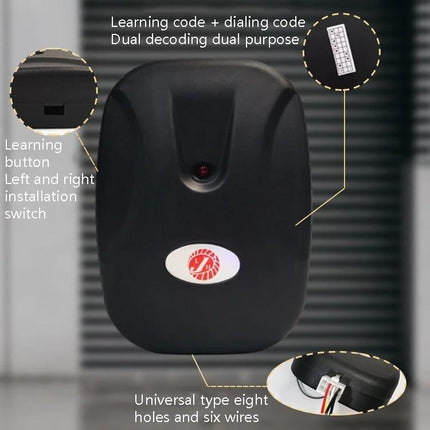 Garage Door Remote Control with Receiver Cable black receiver box showing universal eight holes and six wires, 433MHz compatible, 50m range