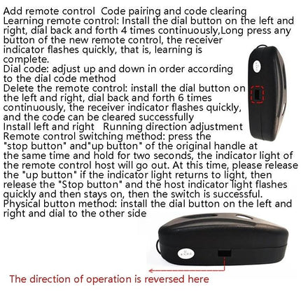 Garage Door Remote Control with Receiver Cable showing remote, receiver unit, and pairing instructions