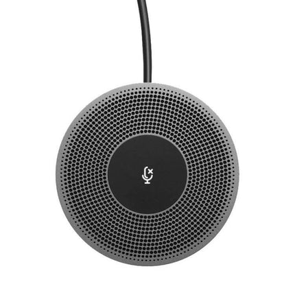 Logitech Omnidirectional Extension Microphone for Large Conferences connected to CC4000E speakerphone, top view of round omnidirectional mic