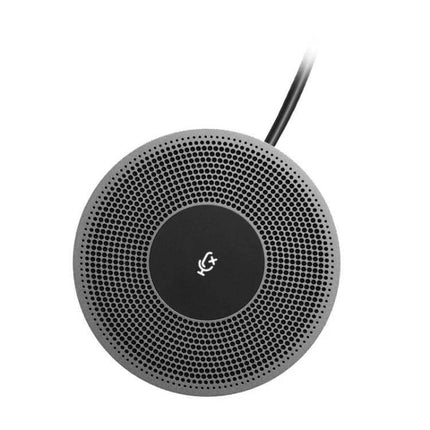 Logitech Omnidirectional Extension Microphone for Large Conferences placed on table with cable, designed for CC4000E speakerphone in big meeting rooms