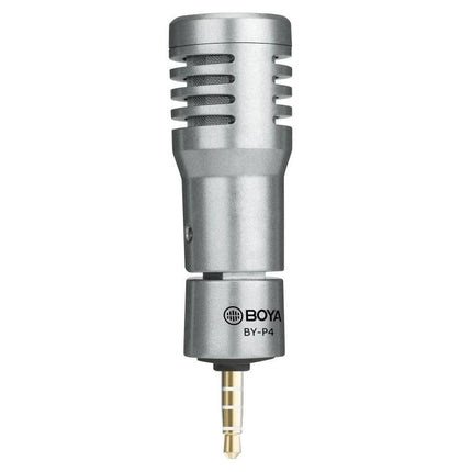 Boya Condenser Microphone for Everyday Phone and Computer Use — compact silver BY‑P4 omnidirectional mic with 3.5mm plug for phone and PC calls