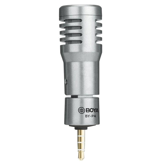 Boya Condenser Microphone for Everyday Phone and Computer Use — compact silver BY‑P4 omnidirectional mic with 3.5mm plug for phone and PC calls