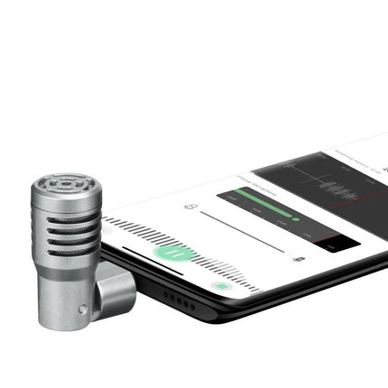 Boya Condenser Microphone for Everyday Phone and Computer Use connected to smartphone showing recording app, compact omnidirectional silver mic for clear calls and meetings