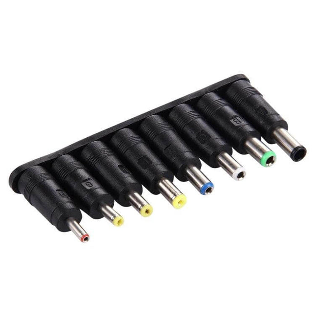 8-in-1 Multi-Interface Power Adapter for Various Laptops with 5.5x2.1mm female to eight colored laptop tips for travel and shared workspaces