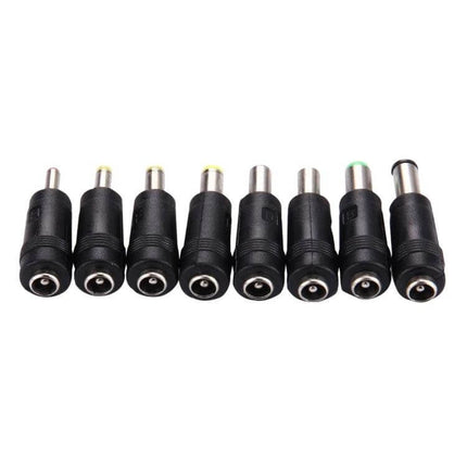 8-in-1 Multi-Interface Power Adapter for Various Laptops showing eight interchangeable 5.5x2.1mm female-to-male connector tips