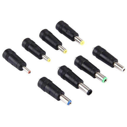 8-in-1 Multi-Interface Power Adapter for Various Laptops with eight colored laptop DC tips and 5.5x2.1mm female connector