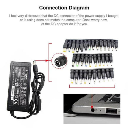 8-in-1 Multi-Interface Power Adapter for Various Laptops showing adapter, 5.5x2.1mm female connector and 8 interchangeable laptop tips