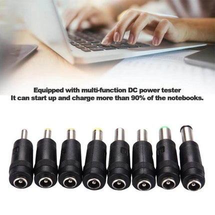 8-in-1 Multi-Interface Power Adapter for Various Laptops showing eight interchangeable 5.5x2.1mm DC tips for universal laptop charging
