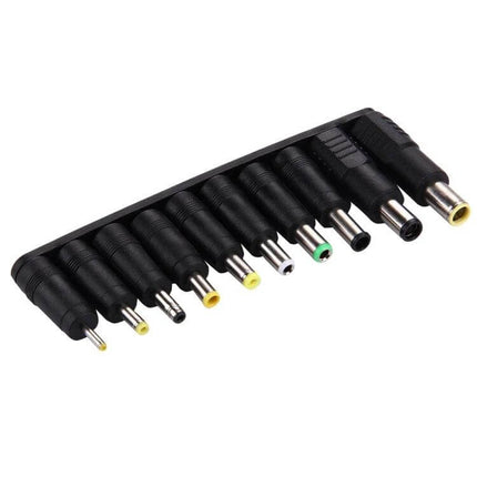 10-in-1 Universal Power Adapter Set for Multiple Laptop Brands showing ten interchangeable laptop tips organized on a black holder