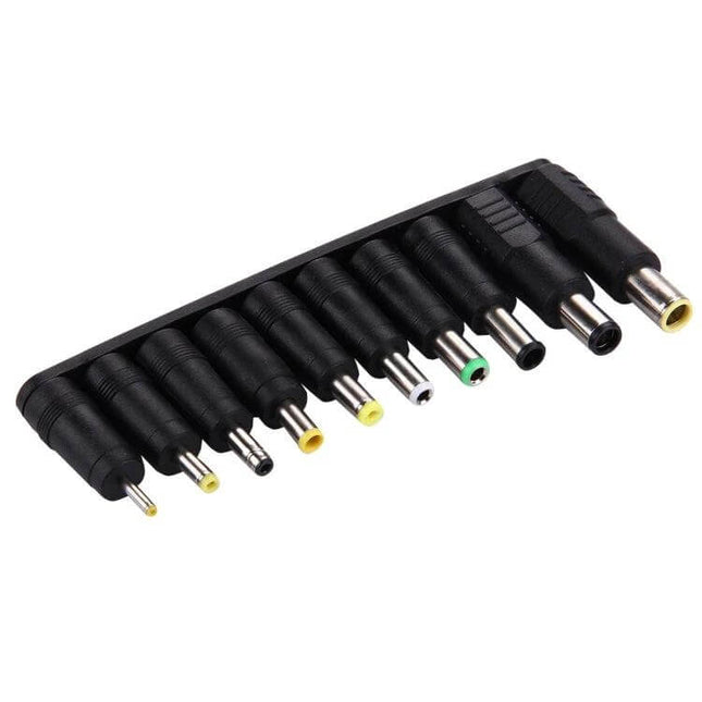 10-in-1 Universal Power Adapter Set for Multiple Laptop Brands showing ten interchangeable laptop tips organized on a black holder
