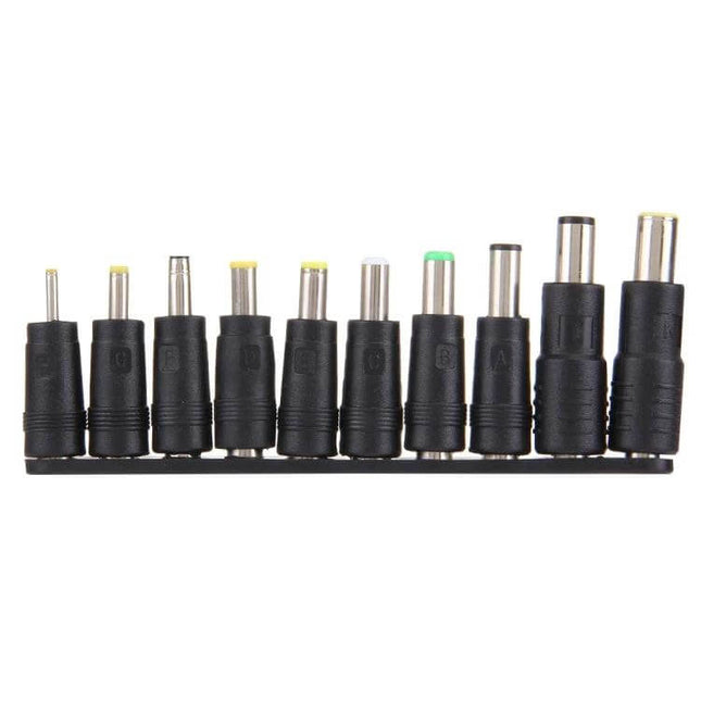 10-in-1 Universal Power Adapter Set for Multiple Laptop Brands - row of 10 interchangeable DC tips on holder for travel charging