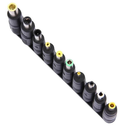10-in-1 Universal Power Adapter Set for Multiple Laptop Brands showing ten interchangeable DC tips neatly lined up for travel and multi-laptop charging