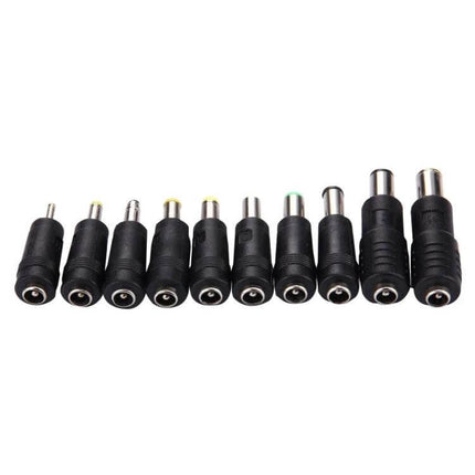 10-in-1 Universal Power Adapter Set for Multiple Laptop Brands showing ten interchangeable DC tips lined up for travel and multi-laptop use