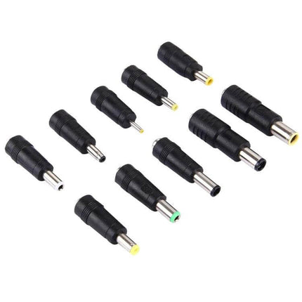 10-in-1 Universal Power Adapter Set for Multiple Laptop Brands showing 10 interchangeable DC tips and connectors for travel and multi-laptop use