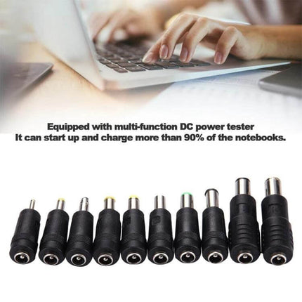 10-in-1 Universal Power Adapter Set for Multiple Laptop Brands showing ten interchangeable DC tips and laptop charging use