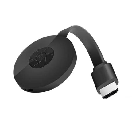 MiraScreen G2 Wireless HDMI Dongle for Screen Mirroring to TV showing black circular dongle with HDMI cable for streaming photos and videos