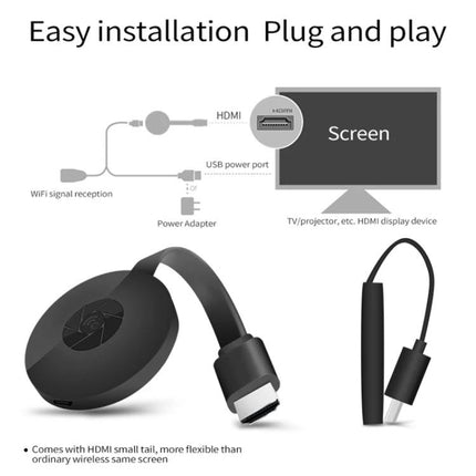 MiraScreen G2 Wireless HDMI Dongle for Screen Mirroring to TV showing plug-and-play HDMI dongle with USB power and TV hookup