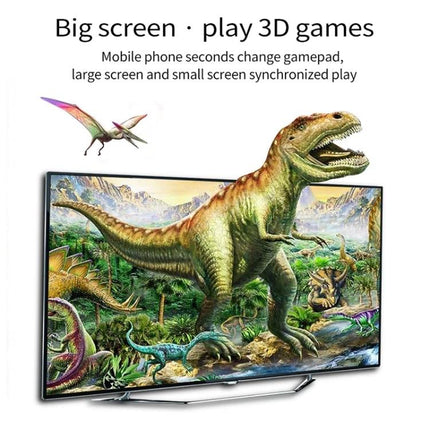 MiraScreen G2 Wireless HDMI Dongle for Screen Mirroring to TV showing dinosaur 3D game on big TV screen
