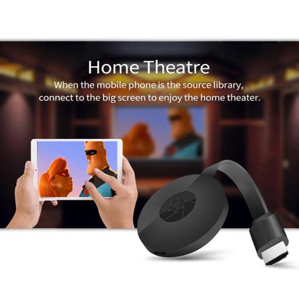 MiraScreen G2 Wireless HDMI Dongle for Screen Mirroring to TV showing smartphone mirrored to big screen in home theatre setting
