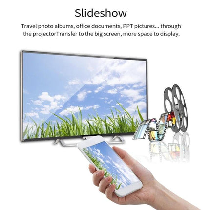 MiraScreen G2 Wireless HDMI Dongle for Screen Mirroring to TV showing smartphone mirroring slideshow of photos and video to a large TV screen