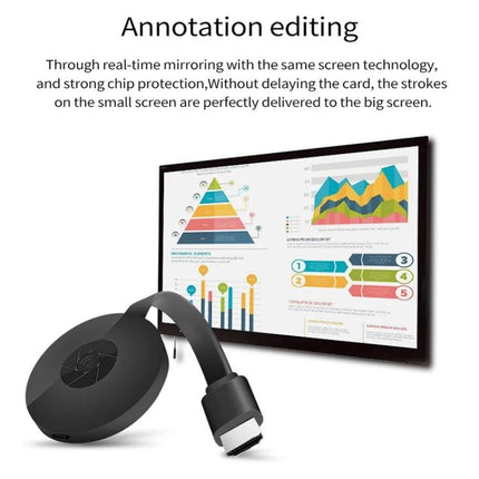 MiraScreen G2 Wireless HDMI Dongle for Screen Mirroring to TV displaying charts and presentation on a large TV screen
