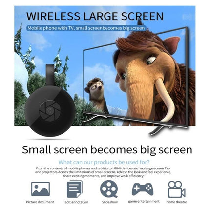 MiraScreen G2 Wireless HDMI Dongle for Screen Mirroring to TV shown next to flat TV streaming animated movie