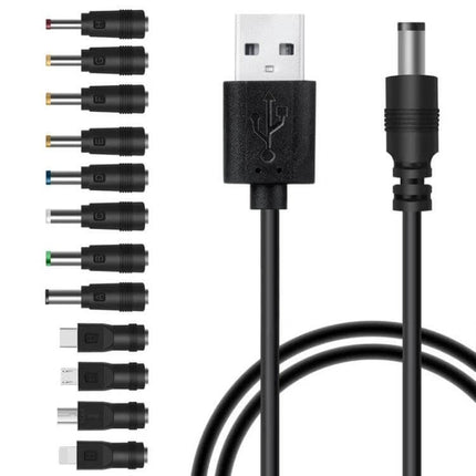 Multi-Function 12-in-1 USB Charging Cable for Various Devices in Black shown with USB-A, multiple adapter tips and black cable