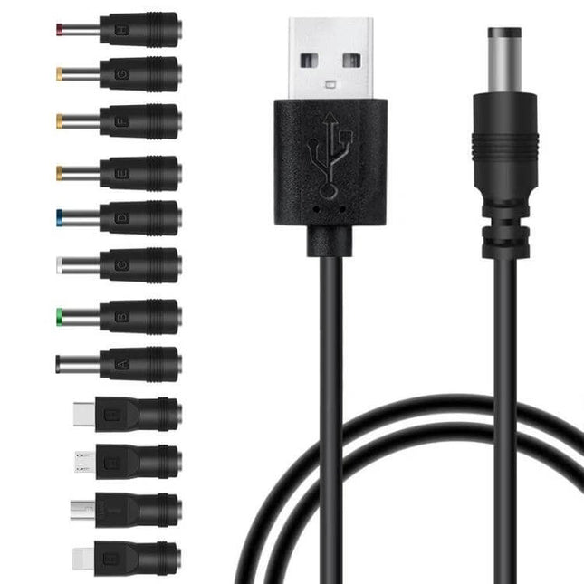 Multi-Function 12-in-1 USB Charging Cable for Various Devices in Black shown with USB-A, multiple adapter tips and black cable