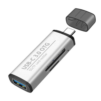 Type-C USB Adapter with SD and TF Card Reader for Devices - silver USB-C OTG hub with SD and TF card slots and USB 3.0 port