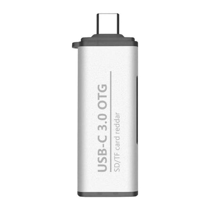 Type-C USB Adapter with SD and TF Card Reader for Devices showing USB-C plug, SD and TF card slots for fast file transfer