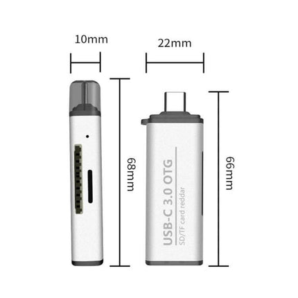 Type-C USB Adapter with SD and TF Card Reader for Devices - compact silver USB-C OTG card reader with SD/TF slots and dimensions shown