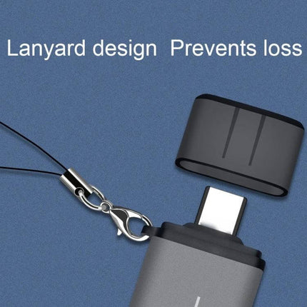 Type-C USB Adapter with SD and TF Card Reader for Devices lanyard design prevents loss, USB-C cap and connector visible