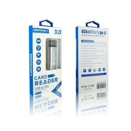 Type-C USB Adapter with SD and TF Card Reader for Devices shown in retail packaging with card reader and specifications
